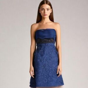 Sue Wong Beaded Embroidered Floral Strapless Navy Blue Mini Dress Size 4